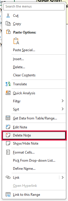 Delete Note command leaves the cell value in place