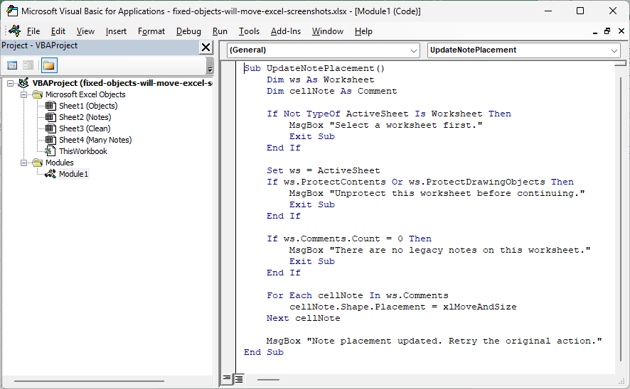 UpdateNotePlacement macro in the Excel VBA Editor