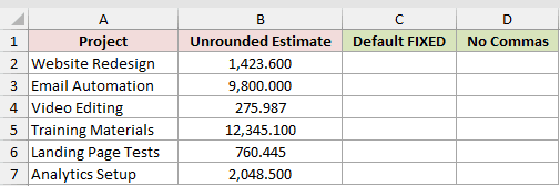 Default Decimals and No Commas: input data and result placeholders in Excel.