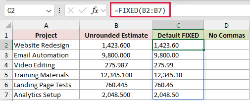 Default Decimals and No Commas: formula in C2 and its calculated results in Excel.