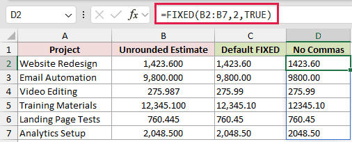 Default Decimals and No Commas: formula in D2 and its calculated results in Excel.