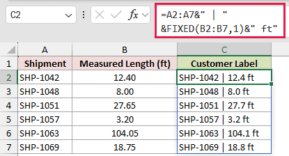 Add a Number to a Text Label: formula in C2 and its calculated results in Excel.