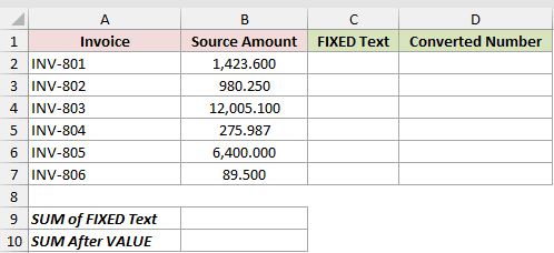 Convert FIXED Text Before SUM: input data and result placeholders in Excel.