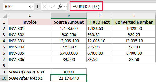 Convert FIXED Text Before SUM: formula in B10 and its calculated results in Excel.