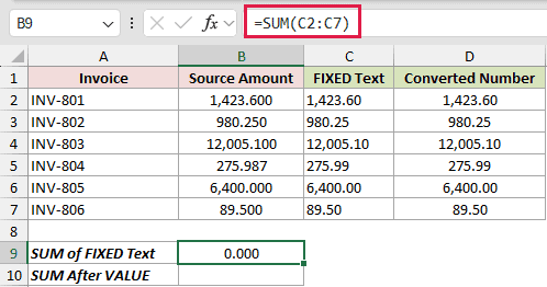 Convert FIXED Text Before SUM: formula in B9 and its calculated results in Excel.