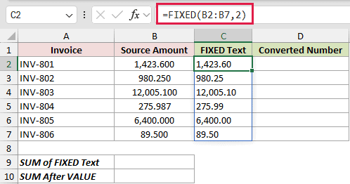 Convert FIXED Text Before SUM: formula in C2 and its calculated results in Excel.