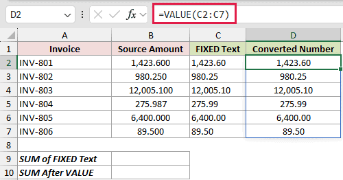 Convert FIXED Text Before SUM: formula in D2 and its calculated results in Excel.
