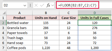 =FLOOR(B2:B7,C2:C7) in D2