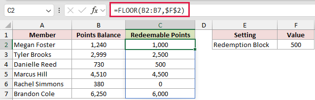 =FLOOR(B2:B7,$F$2) in C2