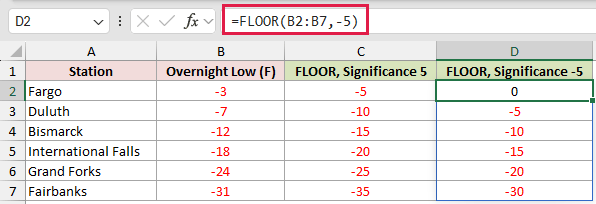 =FLOOR(B2:B7,-5) in D2