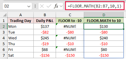 =FLOOR.MATH(B2:B7,10,1) in D2