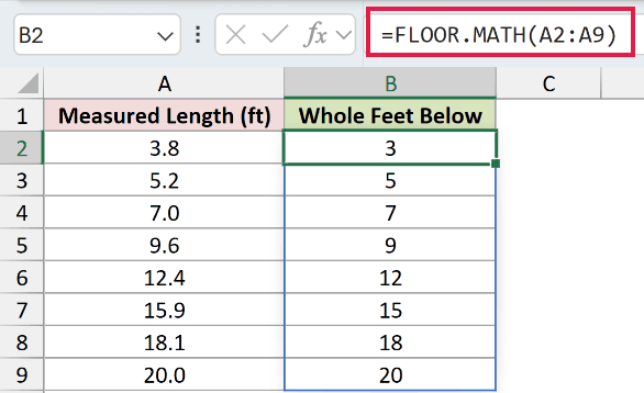 =FLOOR.MATH(A2:A9) in B2