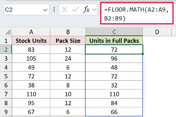 =FLOOR.MATH(A2:A9,B2:B9) in C2