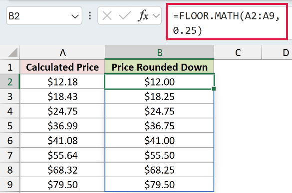 =FLOOR.MATH(A2:A9,0.25) in B2
