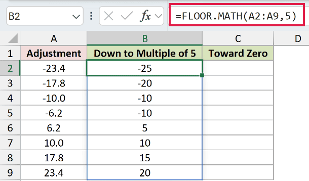 =FLOOR.MATH(A2:A9,5) in B2