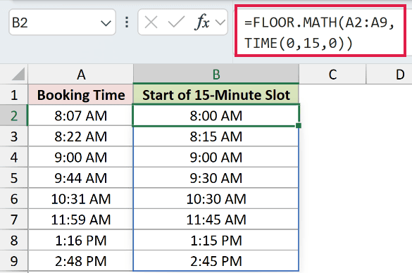 =FLOOR.MATH(A2:A9,TIME(0,15,0)) in B2