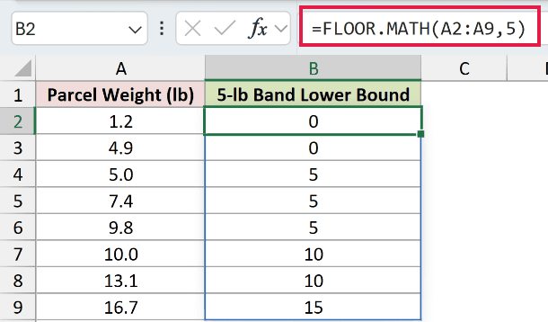 =FLOOR.MATH(A2:A9,5) in B2
