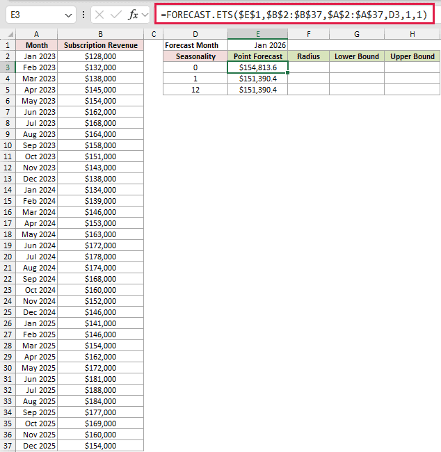 Compare Seasonality Settings: formula in E3 and its calculated results in Excel.