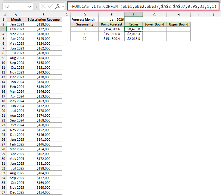 Compare Seasonality Settings: formula in F3 and its calculated results in Excel.