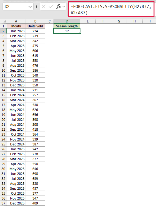 =FORECAST.ETS.SEASONALITY(B2:B37,A2:A37) in D2