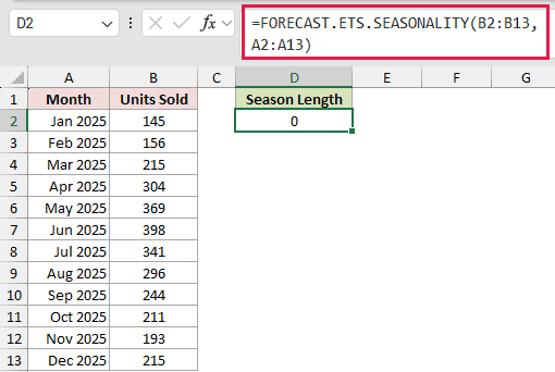 =FORECAST.ETS.SEASONALITY(B2:B13,A2:A13) in D2
