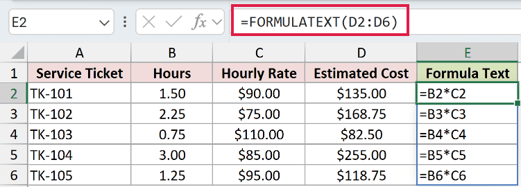=FORMULATEXT(D2:D6) in E2