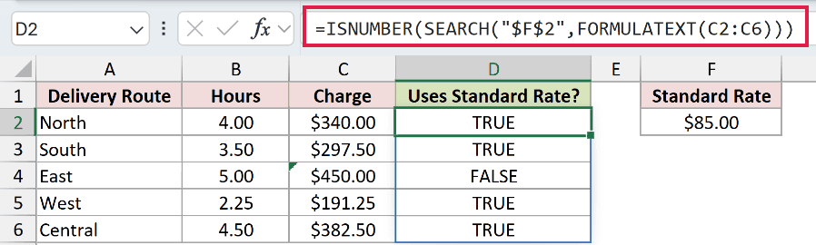 =ISNUMBER(SEARCH("$F$2",FORMULATEXT(C2:C6))) in D2