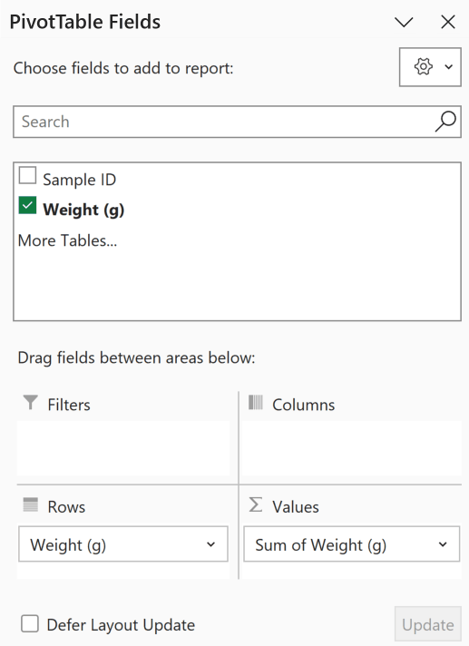 The PivotTable Fields pane with Weight in the Rows area and Weight again in the Values area, showing as Sum of Weight