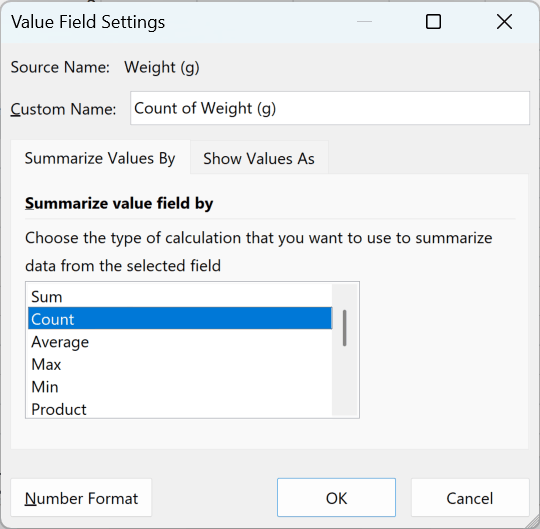 The Value Field Settings dialog with Count selected so each row shows a count instead of a sum