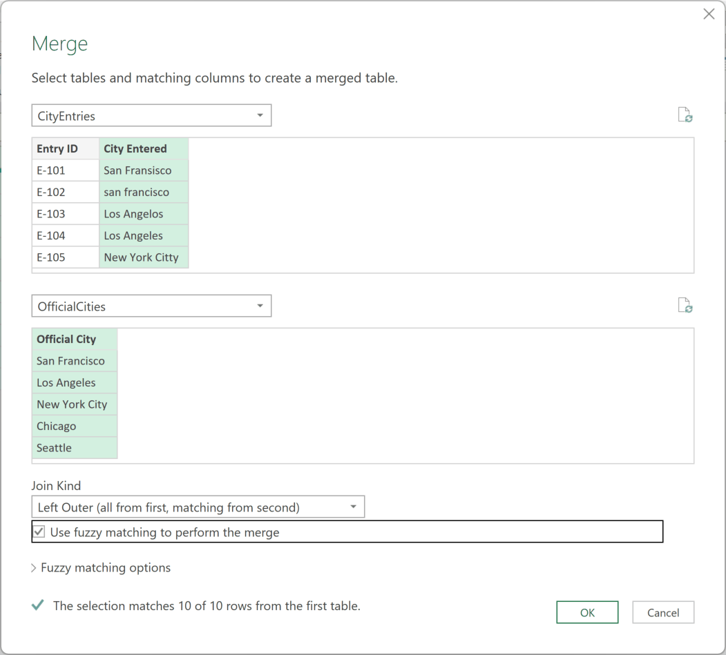 The Merge dialog with both city columns selected and Use fuzzy matching to perform the merge ticked