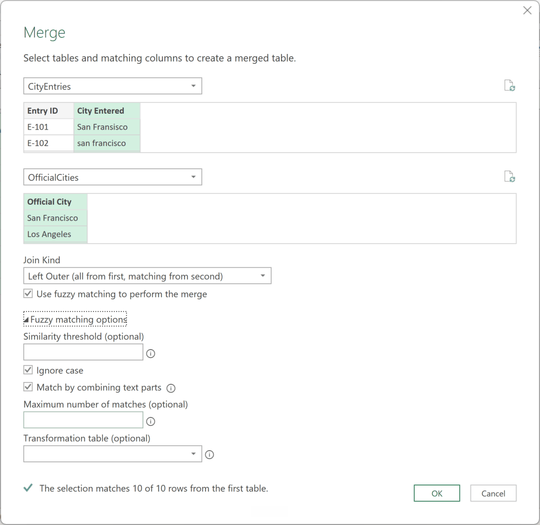 Fuzzy matching options expanded in the Merge dialog with the similarity threshold left at its default