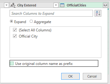 The expand flyout on the merged column with Official City ticked and the prefix option unticked