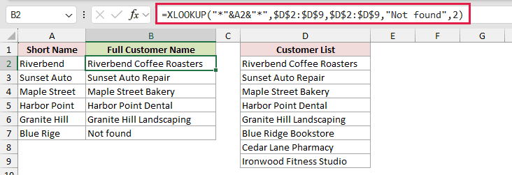 The wildcard XLOOKUP formula in B2 returning Riverbend Coffee Roasters, with Blue Rige showing Not found in B7