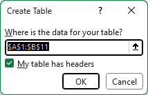 The Create Table dialog confirming the range A1:B11 for the supplier list