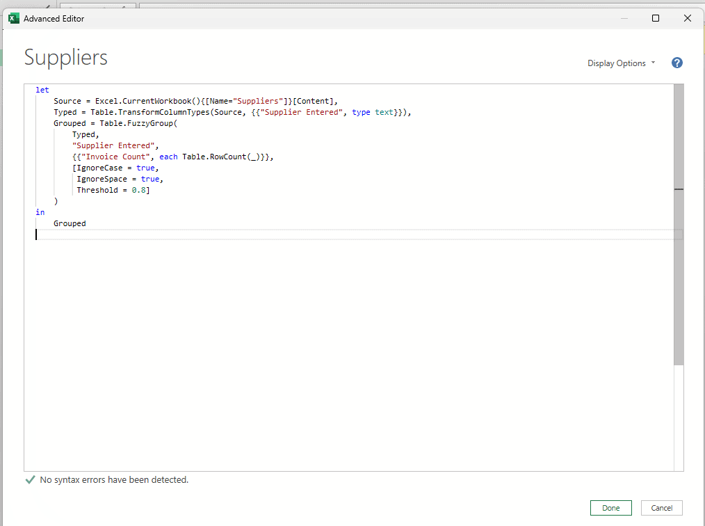 The Advanced Editor showing the Table.FuzzyGroup query with no syntax errors detected
