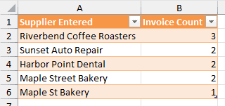 The fuzzy grouped result loaded to a worksheet with each supplier variant collapsed into one name and an invoice count