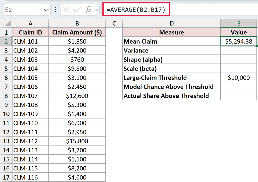 =AVERAGE(B2:B17) in E2