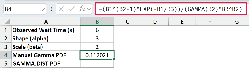 =(B1^(B2-1)*EXP(-B1/B3))/(GAMMA(B2)*B3^B2) in B4