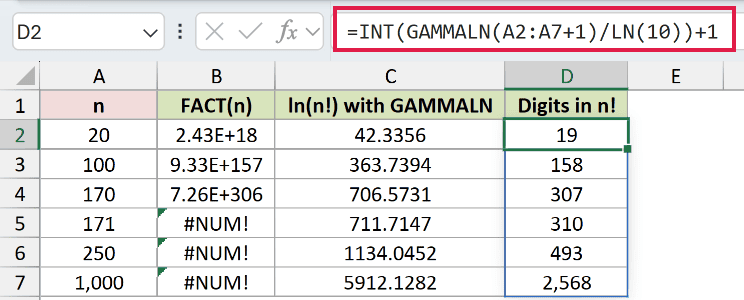 =INT(GAMMALN(A2:A7+1)/LN(10))+1 in D2