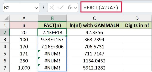 =FACT(A2:A7) in B2