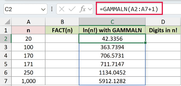 =GAMMALN(A2:A7+1) in C2