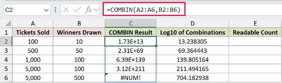 =COMBIN(A2:A6,B2:B6) in C2