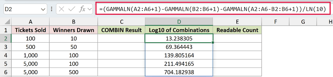 =(GAMMALN(A2:A6+1)-GAMMALN(B2:B6+1)-GAMMALN(A2:A6-B2:B6+1))/LN(10) in D2