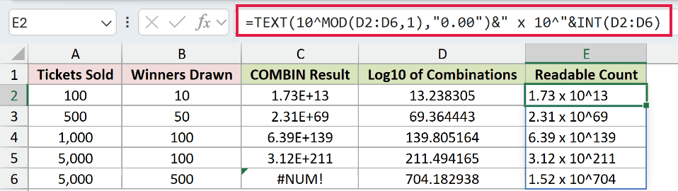=TEXT(10^MOD(D2:D6,1),"0.00")&" x 10^"&INT(D2:D6) in E2