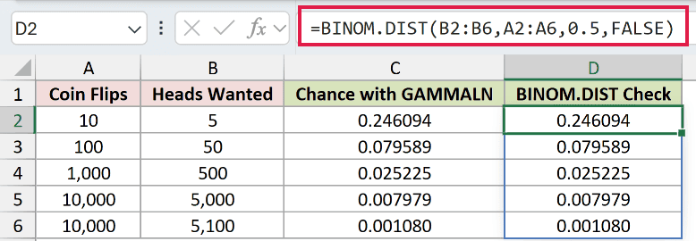 =BINOM.DIST(B2:B6,A2:A6,0.5,FALSE) in D2