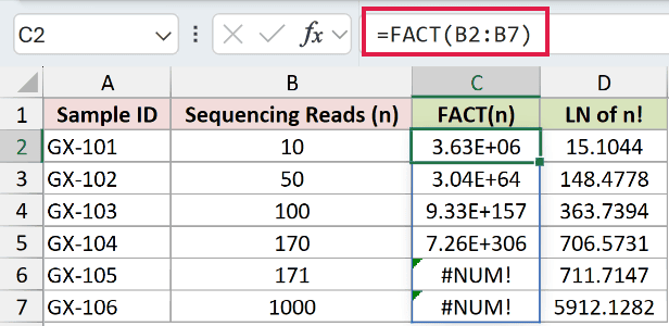 =FACT(B2:B7) in C2