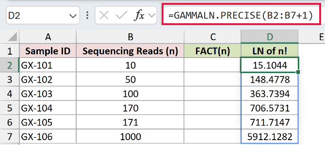 =GAMMALN.PRECISE(B2:B7+1) in D2