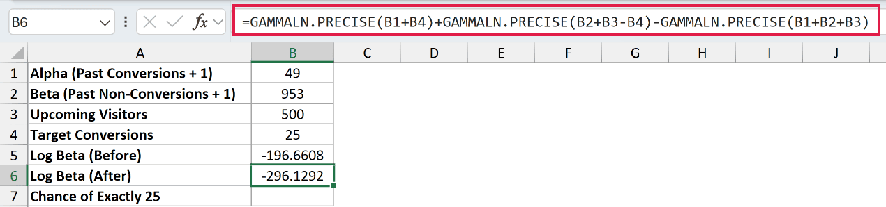 =GAMMALN.PRECISE(B1+B4)+GAMMALN.PRECISE(B2+B3-B4)-GAMMALN.PRECISE(B1+B2+B3) in B6