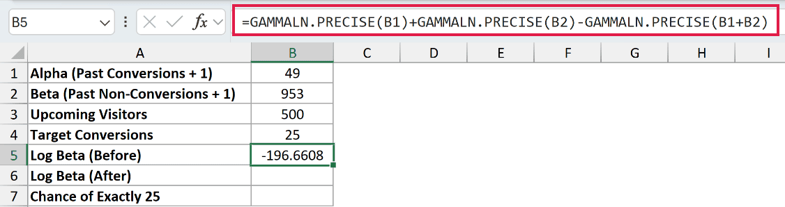 =GAMMALN.PRECISE(B1)+GAMMALN.PRECISE(B2)-GAMMALN.PRECISE(B1+B2) in B5