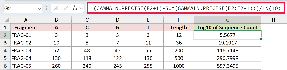 =(GAMMALN.PRECISE(F2+1)-SUM(GAMMALN.PRECISE(B2:E2+1)))/LN(10) in G2